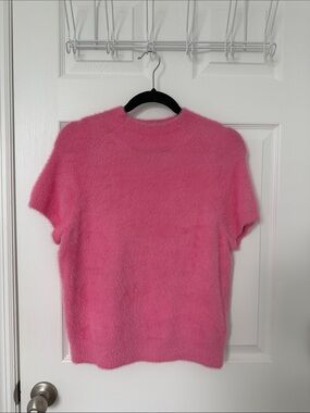 Maeve Short Sleeve Fuzzy Pullover in Bright Pink